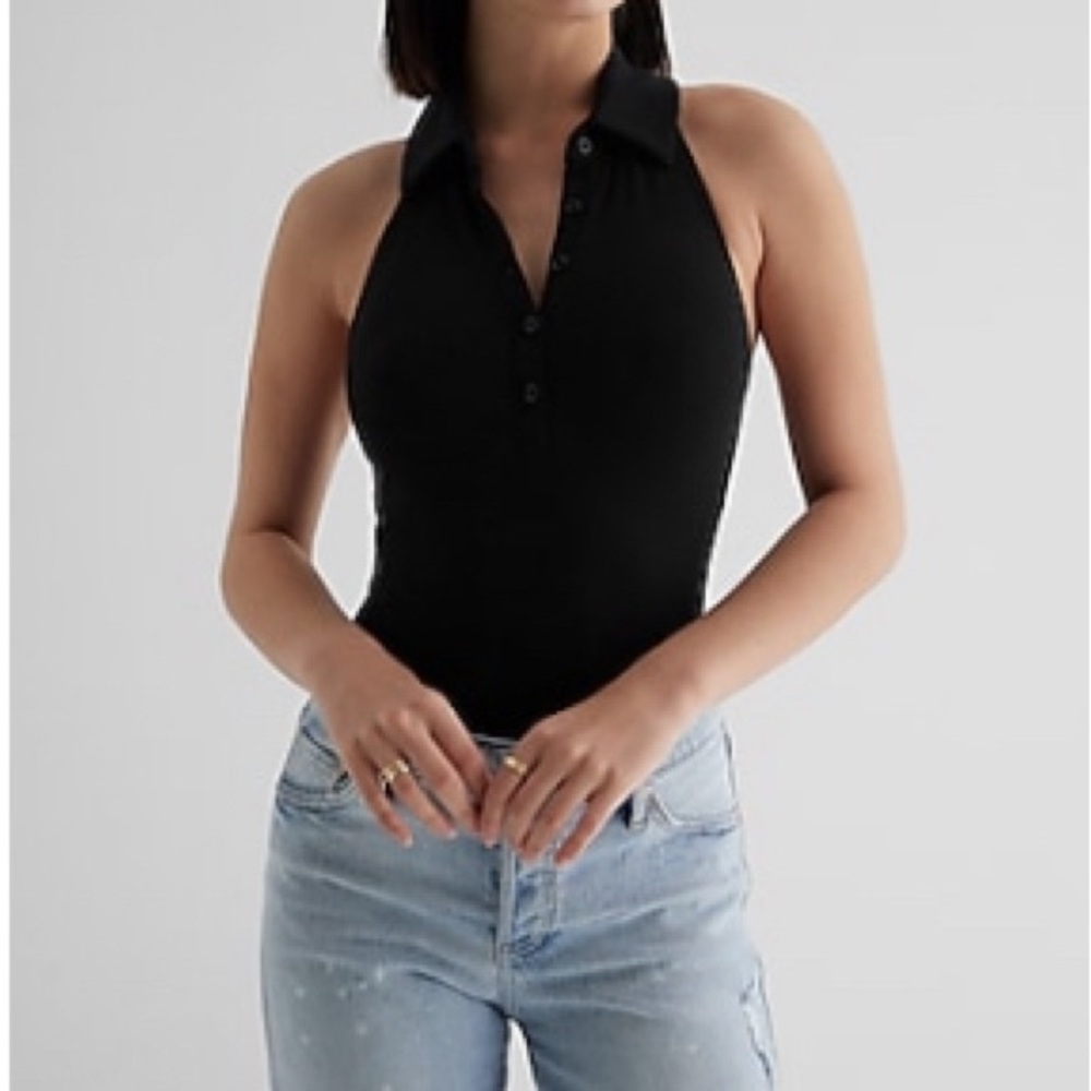 Ribbed Halter Neck Henley Polo Body Suit